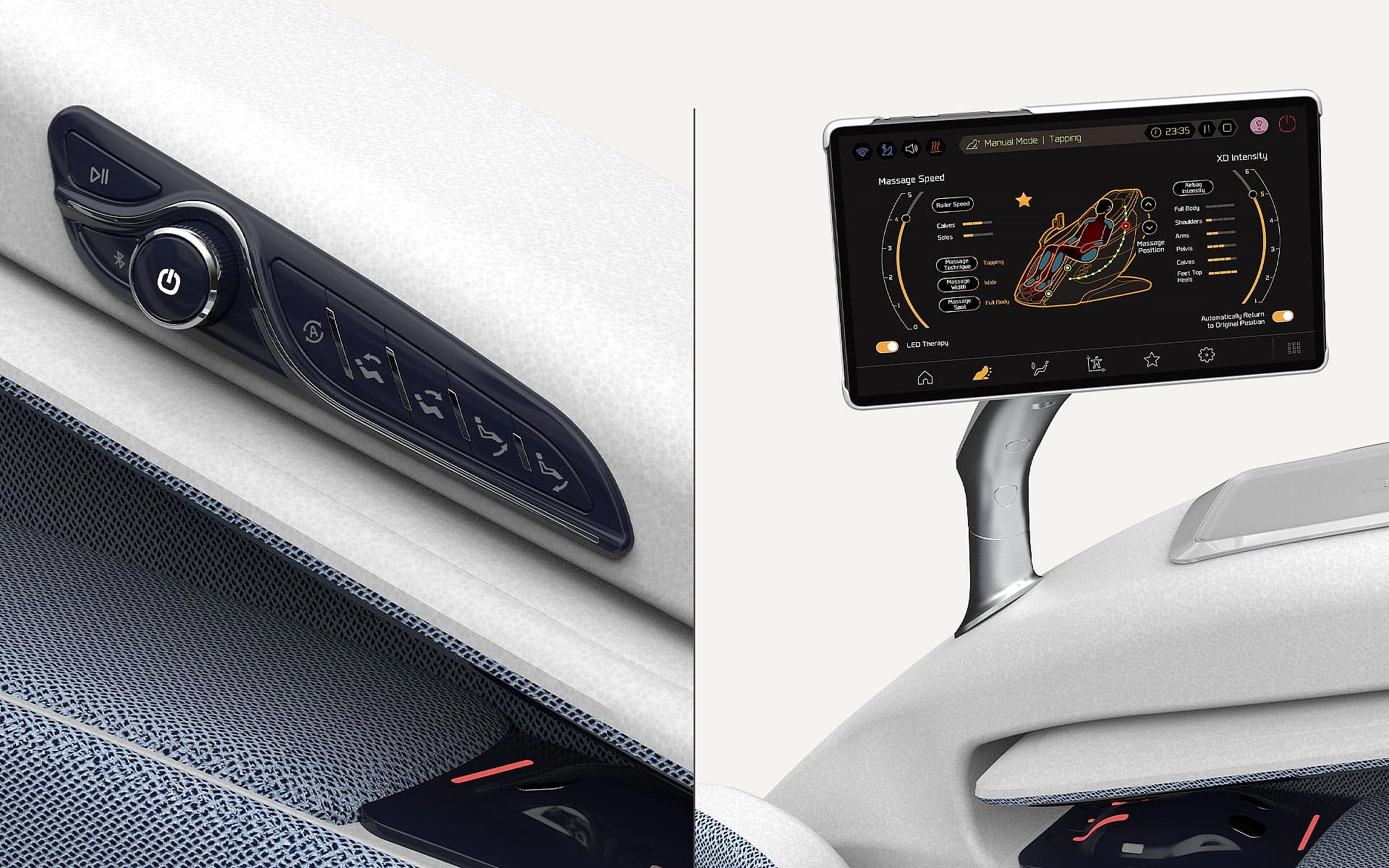 DaVinci dual control system — built-in panel and Samsung tablet with XD intensity and LED therapy controls